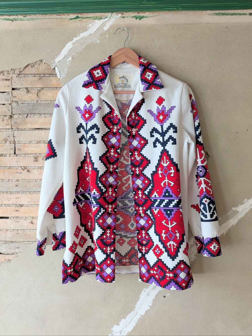 Vintage 70s Jacket with Red & Purple Geometric Design